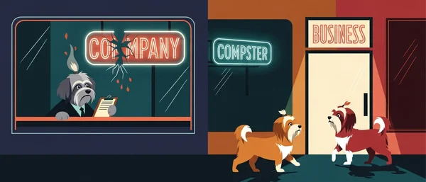 Stressed grey Havanese in a failing 'COMPANY' office. Two alert Havanese enter a bright 'BUSINESS' computer store. Blue, red, brown colors.