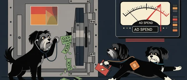 Havanese dogs: one checks 'CLICK FRAUD' money-leaking vault; others aid injured dog. AD SPEND monitor fluctuates. Dark grey/green scene.