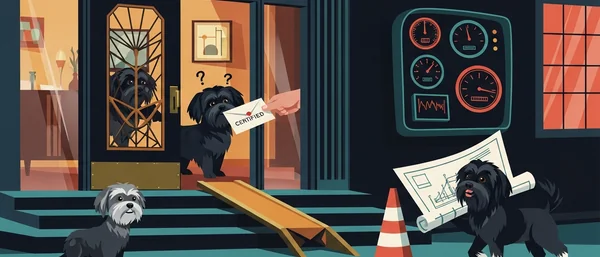 Dark teal, orange illustration: four Havanese dogs. One dog gets a 'CERTIFIED' letter; others by a door, steps, blueprints.