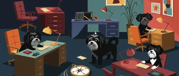 Havanese dogs work in a colorful office. Three are at desks with papers, one stands by a compass. Blue, red, orange, brown tones.