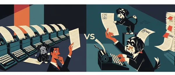 Left: Man & Havanese dog ponder papers, surrounded by many typewriters. Right: Two Havanese dogs type & review documents. Teal, blue & orange tones.