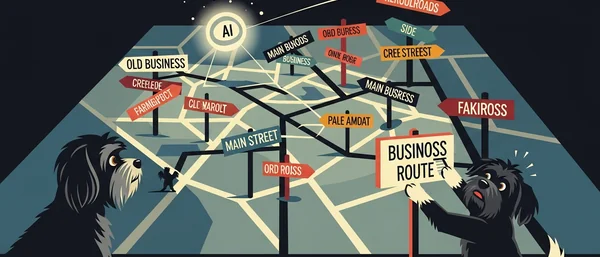 Havanese dogs on a map of street signs. AI glows. One ponders, the other holds 'BUSINESS ROUTE' sign, distressed. Blue, grey, red, yellow.