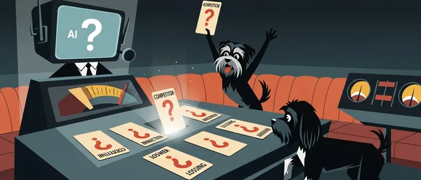 Dark, retro room. An AI monitor overlooks two Havanese dogs playing cards. One excited dog holds up a "Competitor" card, another watches. Dominant dark blue, orange.