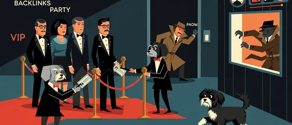 Dark illustration of a "BACKLINKS PARTY" with VIPs. A Havanese dog checks tickets. A detective sneaks in; another Havanese watches.