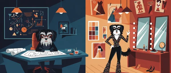 Two scenes. Left: Stern Havanese dog works at desk with charts, blue/dark tones. Right: Stylish Havanese dog poses in a dressing room, orange/red tones.