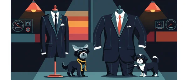 Havanese dogs in a tailor shop. One wears a measuring tape, the other paws a suit. Two mannequins in dark blue suits. Blue, red, orange colors.