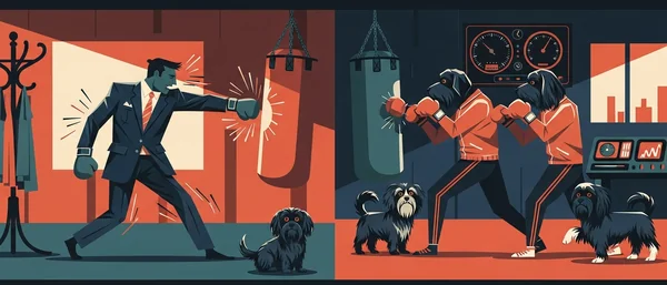 Man in suit and Havanese dog on left. Two dog-headed boxers and Havanese dog on right. Punching bags. Orange, blue, red.