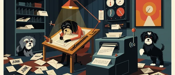 Illustration: Three Havanese dogs in a dark teal/orange office. One writes, another by a printer, a third by scattered junk mail.