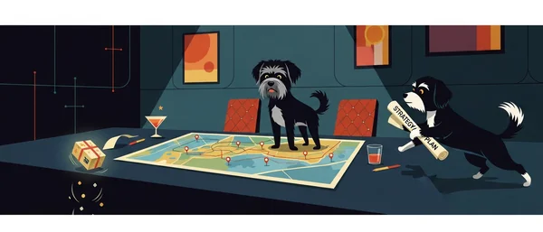 Two Havanese dogs in a dark boardroom. One stands on a map, the other runs with a 'STRATEGY / PLAN' scroll. Dark blue, black, orange dominant.