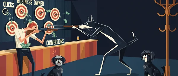 Man shoots targets labeled "CLICKS" & "BUSINESS OWNER," gaining money. A large dog aims back. Two Havanese dogs sit. Dark blue, red.