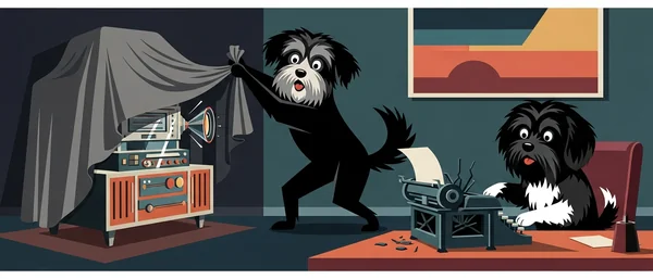 Two Havanese dogs in a dark teal room. One unveils vintage stereo equipment, the other types on a typewriter at an orange desk.
