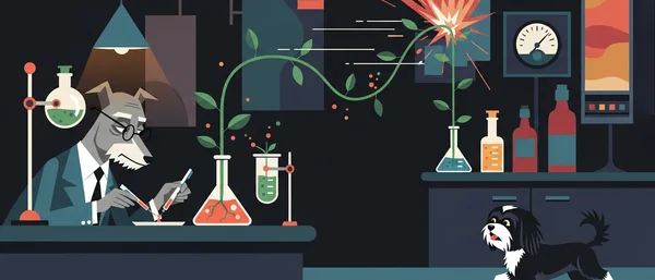 Greyhound-like scientist pipes liquids. Havanese watches a dark lab with plants, flasks, and exploding plant. Green, red, blue hues.