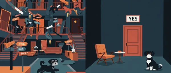 Two scenes in blue-grey/orange. Left: chaotic building with floating signs, confused Havanese. Right: calm room, "YES" door, serene Havanese.