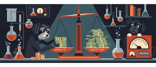 Havanese dogs in a lab. One puts money on 'MONEY IN' scale, tilted by more 'MONEY OUT'. Another peeks at 'OUTPUT' gauge. Dark blue, orange, red tones.