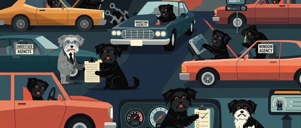 Illustration of Havanese dogs in various cars, some fixing/cleaning, others checking. Signs indicate different 'agencies'. Dom. colors: blue, orange, yellow.