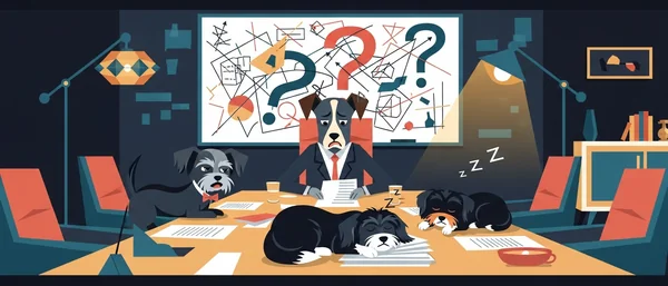 Four Havanese dogs in a dark teal conference room. A stressed dog in a suit, one talks, two sleep on papers (zzz). Whiteboard, orange chairs, tan table.