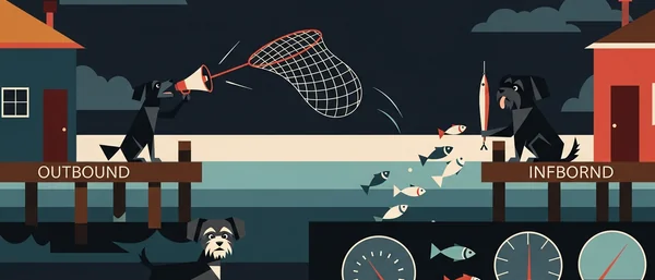 Two Havanese dogs on docks. Left dog uses megaphone & net (OUTBOUND). Right dog fishes, attracting fish (INFBORND). Dark blue, red, beige.