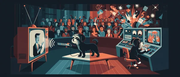 Retro illustration: Two Havanese dogs control a TV show for a diverse audience. One on a table with a remote, another at a console with a monitor showing a dog. Dark blue, red, teal tones.