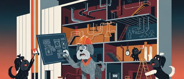 Four Havanese dogs in a factory. Grey dog holds blueprints, two black dogs paint, one handles wires on a ladder. Blues, oranges, reds.