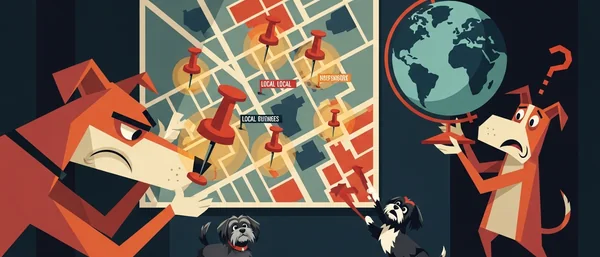 Angry red dog and confused dog with globe watch two Havanese dogs interacting with a map. Red pins, blue/cream colors.