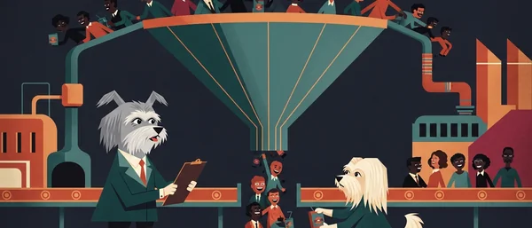 Illustration of a factory with people entering a funnel. Two Havanese dogs in suits manage a conveyor belt. One holds a clipboard, another a cup. Dark blue, teal, orange.