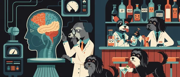 Havanese dogs in two scenes. Left: Scientist dog examines brain model. Right: Bartender dogs mix emotion-labeled drinks for customers. Dark blue, teal, orange, cream.