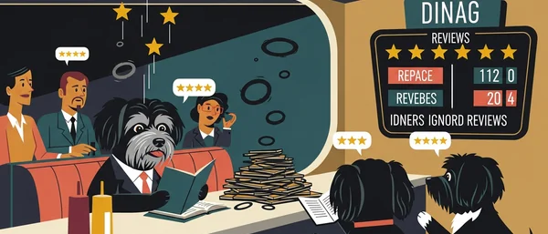 Illustration of a diner. A Havanese dog in a suit reads, humans watch. Other Havanese dogs review books at a counter. Review scores on a board. Dark blue, orange tones.