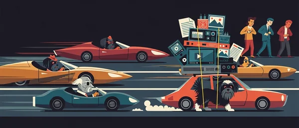 Havanese drive red/yellow cars; one pulls an overloaded red car. Men check watches. Dominant colors: dark blue, red, yellow.