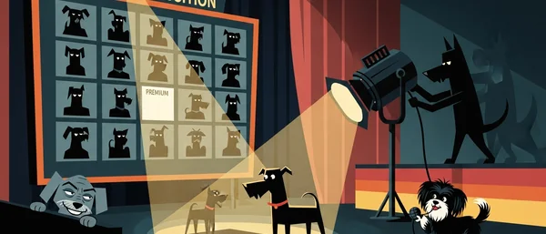 Cartoon dog audition. A fluffy Havanese dog sings into a mic. Two black dogs watch a screen with dog profiles. Dark blue, red, orange tones.