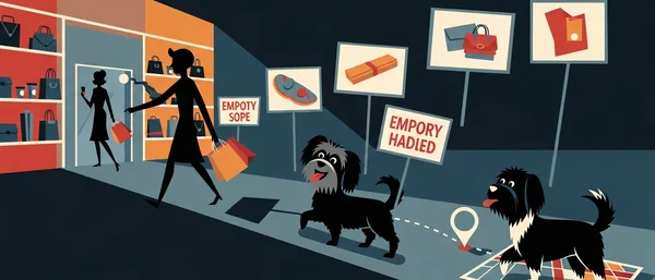 Illustration of women shopping, two Havanese dogs. One dog walks by a sign 'EMPOTY SOPE', other on a map path. Dark blue, red, orange.