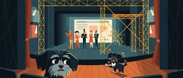 Illustration: A worried Havanese watches a happy Havanese on a stage with a collapsing golden set, confetti, and people. Dominant: blue, gold, red.
