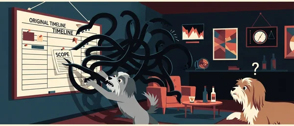 Dark blue room. Gray Havanese dog fights black tentacles attacking a timeline whiteboard. Brown Havanese watches confused. Red furniture.