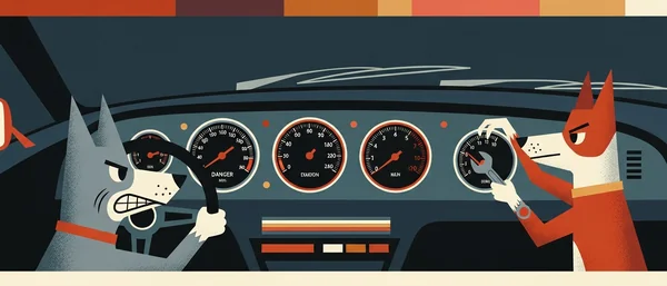 Two Havanese dogs in a car. Grey dog drives angrily; orange dog adjusts a gauge with a wrench. Dark blue, orange, cream palette.