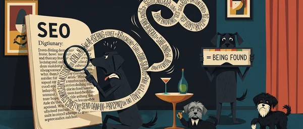 Havanese dogs illustrate SEO. One reads a dictionary, stressed by swirling words. Another holds a 'BEING FOUND' sign. Dark blue, orange.