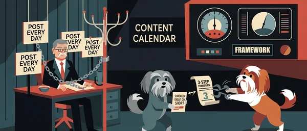 An old man is chained to his desk by "POST EVERY DAY" signs. Two Havanese dogs help him, one cutting chains on a "3-STEP FRAMEWORK" scroll. Dark blue/red.