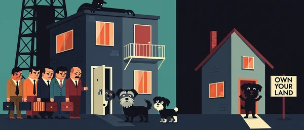 Split: Left-sad businessmen, giant man on dark building, 2 Havanese. Right-house, 'OWN YOUR LAND' sign, 1 Havanese. Dark blue, teal, orange.