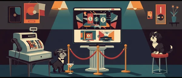 Teal and orange illustration. Two Havanese dogs, one in a tuxedo with a martini, one on a stool. A slot machine game on a screen, a cash register.