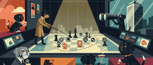 Stylized Havanese dogs strategize in a control room. One detective dog moves chess pieces, others watch, drink, or snack. Teal, orange, black, beige.