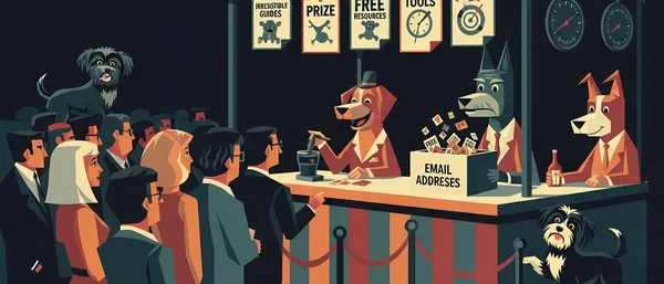 Illustration: Anthropomorphic Havanese dogs run a booth, collecting emails from a queue of people. Two smaller Havanese observe. Dominant dark blue, orange, brown.