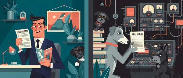 Man with 'QUACK DOCTOR' form, Havanese dog peeking. Opposite: stern dog with 'REAL AUDIT' form, tech, 2 more dogs. Teal, dark gray.