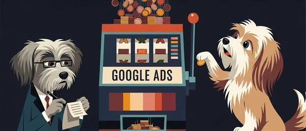 Two Havanese dogs with a "Google Ads" slot machine. One in a suit calculates, the other playfully inserts a coin. Dark blue, brown, white.