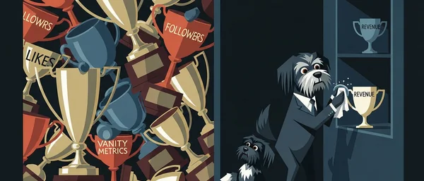 Havanese dog polishes 'REVENUE' trophy, smaller dog watches. Left: 'LIKES,' 'FOLLOWERS,' 'VANITY METRICS' trophies piled. Dark colors.