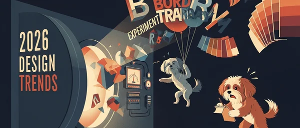 Abstract '2026 Design Trends' art. Dark blue, orange, red, beige. Havanese dog floats with balloons; another writes. Shapes, color swatches.