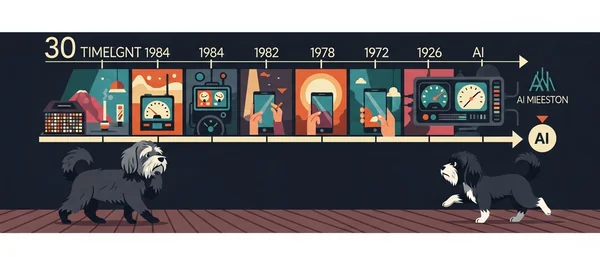 Dark blue timeline of tech from 1926 to AI, with two Havanese dogs on a brown wooden floor, one walking, one running.
