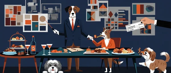 Two suited dogs at a table, one presenting, one eating. A hand offers a check. Two Havanese dogs, one peeking, one eating crumbs. Dark blue, brown, orange colors.