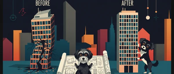 Before & After": Left, a cracking building & Havanese dog with blueprints. Right, a restored building & proud Havanese dog. Dark blue, orange, teal.