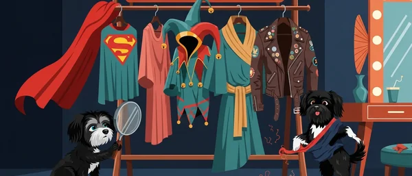 Havanese dogs in a vibrant dressing room. One holds a mirror by a costume rack, another is tangled in red and blue clothes. Dominated by teal, brown, red, blue.