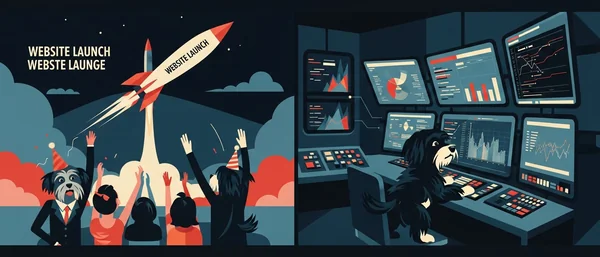 Illustration of two Havanese dogs. One cheers a rocket website launch, the other works at a control room. Dark blue, red, cream.