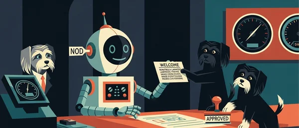 Cartoon: A happy robot works at a desk with three worried Havanese dogs. One in a suit, one holding 'WELCOME', one stamping 'APPROVED'. Dark blue, orange, cream.