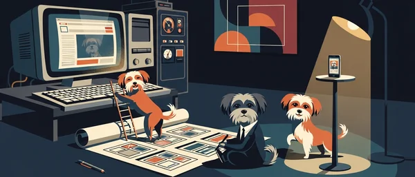 Havanese dogs work in a dark room. One on a ladder by a retro computer, one in a suit draws blueprints, one near a phone. Dark blues, orange.